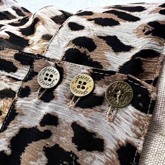 EUC [Guess] Sheer Leopard Top | Smocked Button Down Shirt Cheetah Blouse | Small - Picture 8 of 14